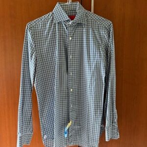 Isaia Green Blue and White Gingham Shirt size 15 1/2 x 33